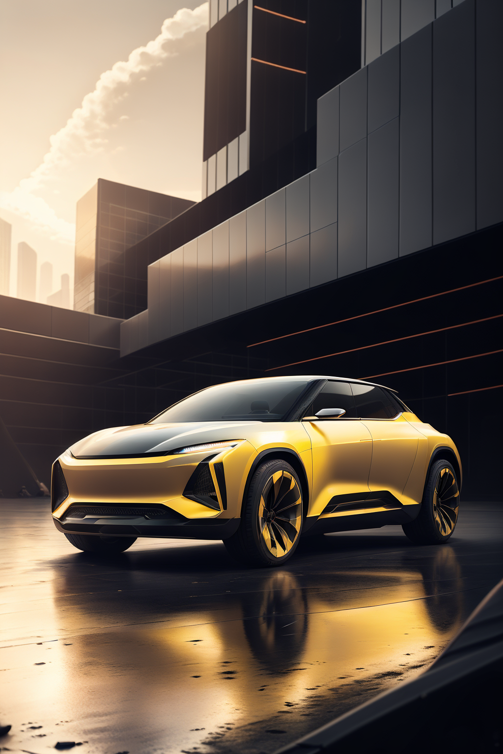 12640-2269538867-(1 car),black,white,yellow,red,body symmetry,reflection,a car gallops from far to near on the way,mecha shell,sunset,on the edge.png